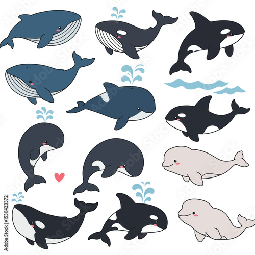 Whales and dolphins, marine underwater mammal, ocean animals flat vector set. Sea wildlife and fish cartoon character illustration