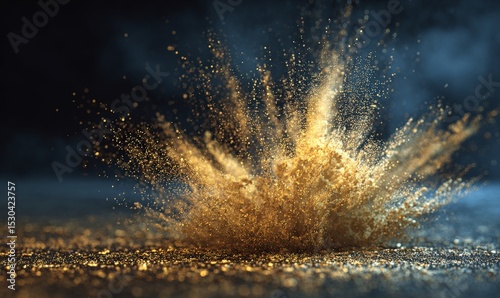 A dramatic explosion of golden dust particles against a dark background, illuminated by soft light.