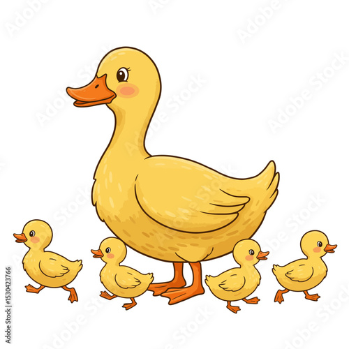 Duck with her cute ducklings cartoon illustration