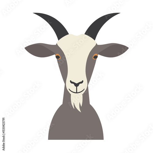Stylized flat vector of a goat's head with cream, gray, and black, on a plain white background