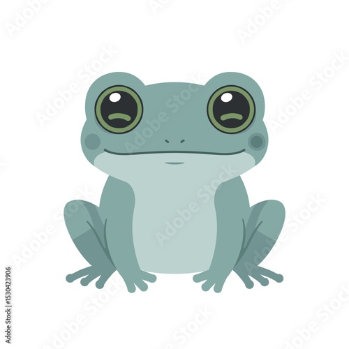 Illustration of a stylized, green, cartoon frog with big eyes on a plain white background