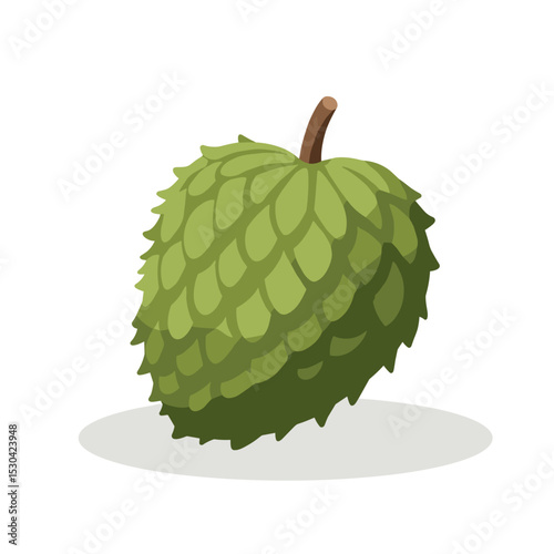 Stylized soursop fruit, featuring green scales and brown stem, isolated on a clean white background