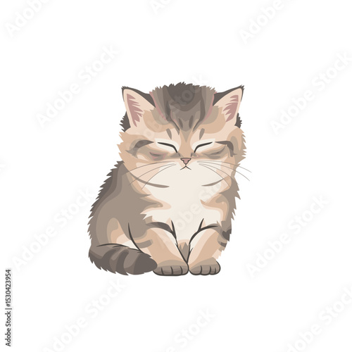 Cute cartoon cat with closed eyes. Neutral color palette and vector art on a stark white background