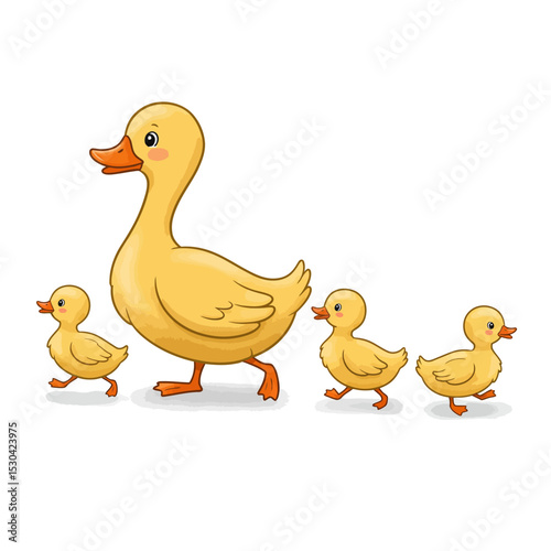 Duck with her cute ducklings cartoon illustration