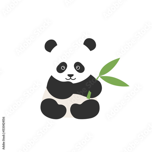 Cartoon-style panda eating bamboo, isolated on white with clean lines