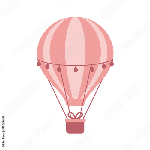 Pink hot air balloon with striped pattern and dangling decorations, depicted in a cute illustration style