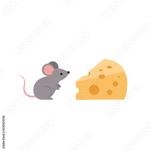 Cartoon mouse stands beside a wedge of Swiss cheese against a white background