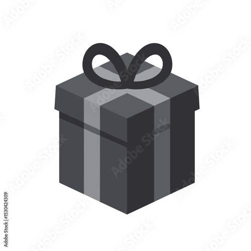 Geometric tall gift box with dark gray ribbon bow, monochrome, on white background