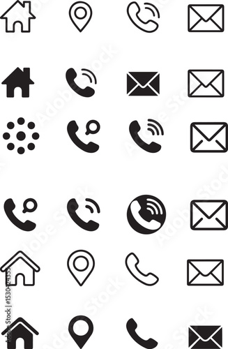 A Collection of Black Website Icon Set Elements Including Home Location Phone and Email Symbols Displayed on a White Background in a Grid Layout Featuring Variations in Icon Style and Detail