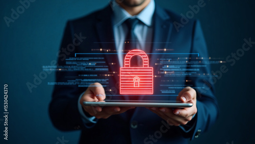 Futuristic Cybersecurity Interface with Holographic Lock and Data Protection Visualization in Digital Environment
