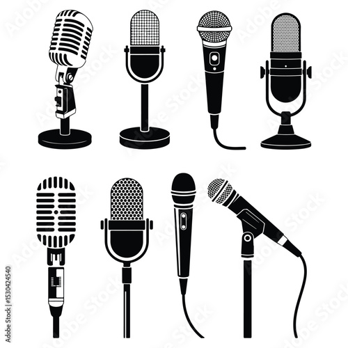 Black and White Vector Illustration of Eight Different Microphone Types Retro Vintage Modern Dynamic Condenser Handheld Stand Mounted Recording Studio Broadcasting Podcast Singing