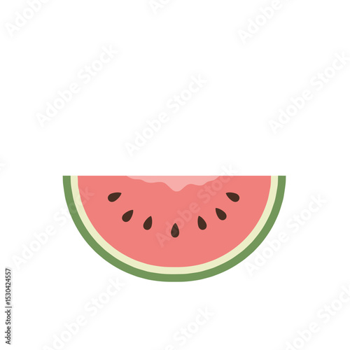 Graphic of a watermelon slice, pink flesh with black seeds and green rind, against white