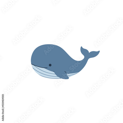 Simple, stylized blue whale with white stripes on stomach; minimal details, cartoonish aesthetic
