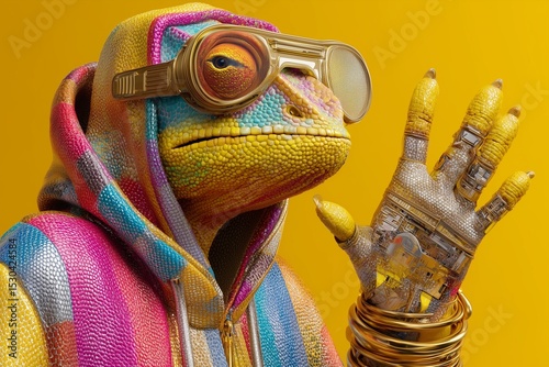 A funky chameleon in a color-shifting jacket, gold arm cuffs, and sci-fi visor, smirking on vibrant yellow background.