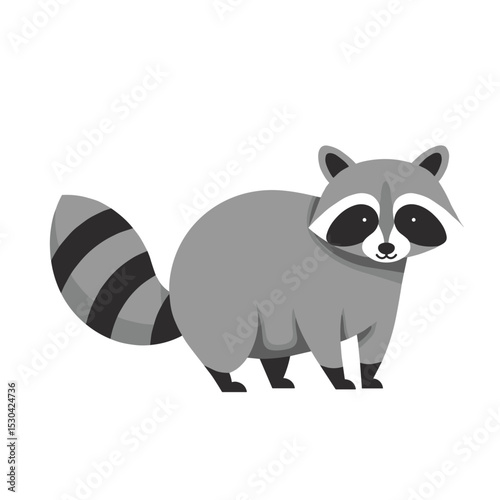 Stylized cartoon raccoon with gray fur and striped tail isolated on white background, digital illustration