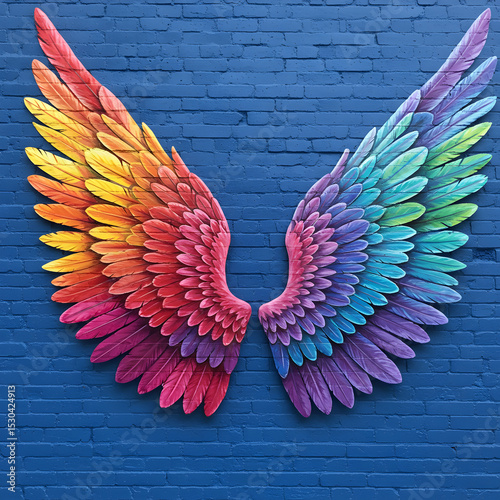 Rainbow Wings on a Blue Brick Wall A Detailed Pixel Art Composition