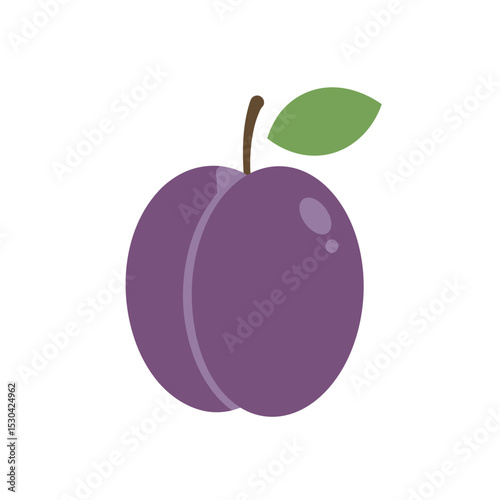Stylized simple illustration of a plum with a leaf, isolated on white background