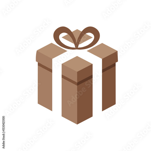 An illustration of a brown gift box with a brown ribbon and white accents on white background