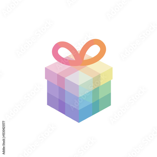 A colorful gift box with a bow, composed of a rainbow of cube shapes on white background