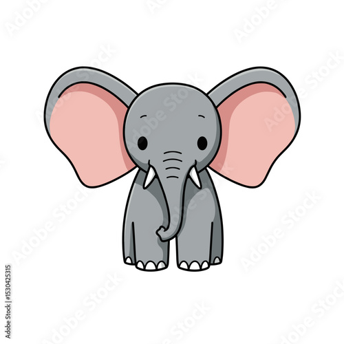 Cartoon style, gray elephant with large ears and white background illustration