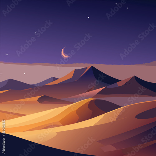 Desert Landscape Nighttime Crescent Moon Orange Sand Dunes Purple Mountains