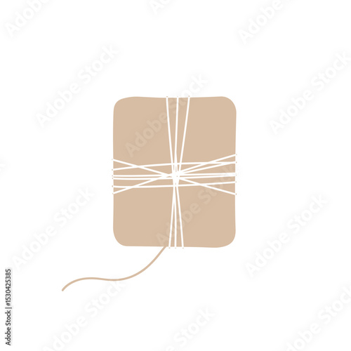 Wrapped package a box in beige tied with white string, minimal flat illustration, on white background