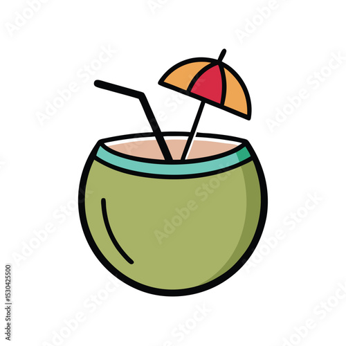 Coconut cocktail and milk in glass cup with straw in beach-style vector illustration