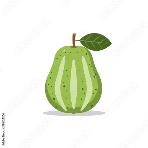 Cartoon illustration of a green pear with a leaf, isolated on white background