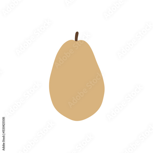 A cartoon drawing shows a tan pear with a brown stem on a white background with plenty of white space