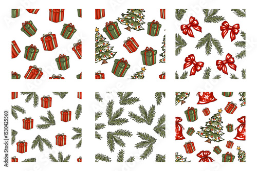 Set of seamless Christmas patterns with gifts, fir branches, bows, and decorations vector illustration