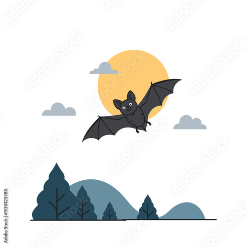 Cartoon bat flies with outstretched wings against a full moon and clouds illustration