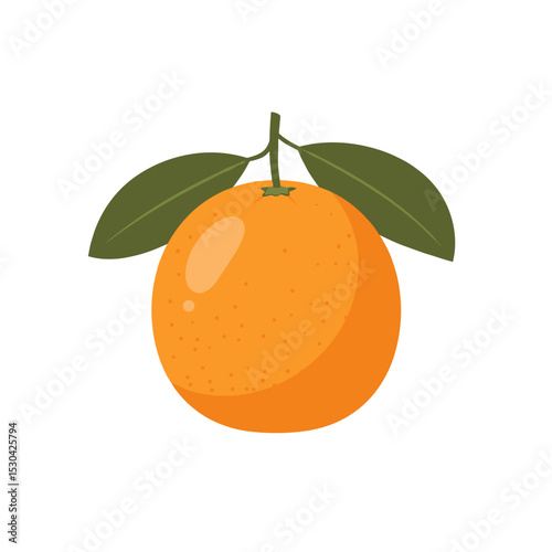 An isolated citrus fruit, orange colored, with two leaves, on white background, cartoonish style