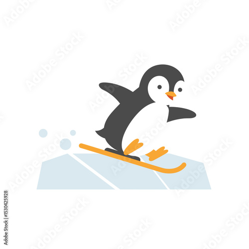 Cartoon penguin snowboards with orange feet, on icy surface, simple colors, cute animated style