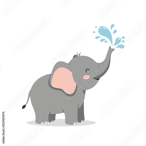 Adorable grey elephant spraying water from its trunk with a happy expression against a white background