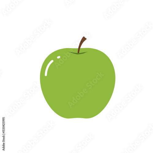 An illustration of a whole Granny Smith apple with a brown stem on a solid white background