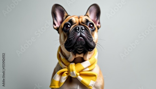 Charming French Bulldog Wearing a Stylish Yellow Striped Scarf Looking Up