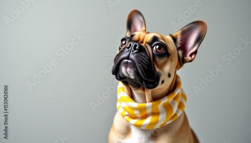 Charming French Bulldog Wearing a Stylish Yellow Striped Scarf Looking Up