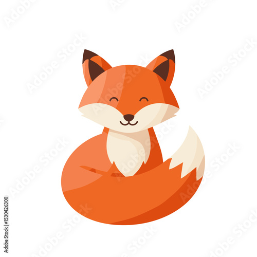 Simplified, orange cartoon fox with smiling face on a white background, tail is visible