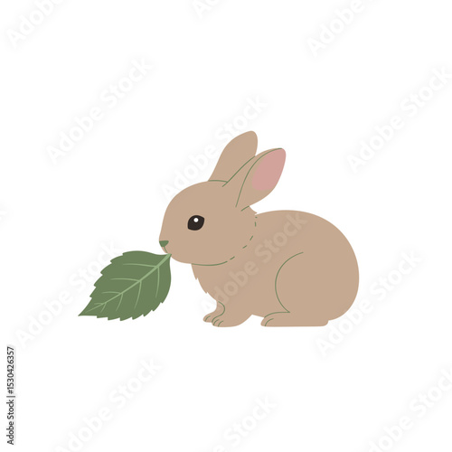 Stylized illustration of a brown bunny eating a green leaf, set against a plain white background