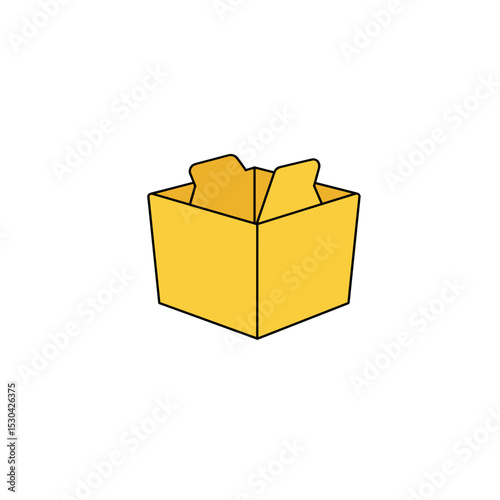 Open box with flaps, bright yellow color and black outlines, illustrated against a white background