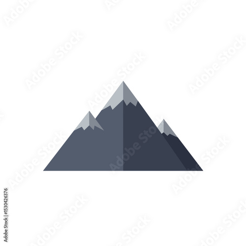 Minimalist illustration of three gray and blue mountains on a white background