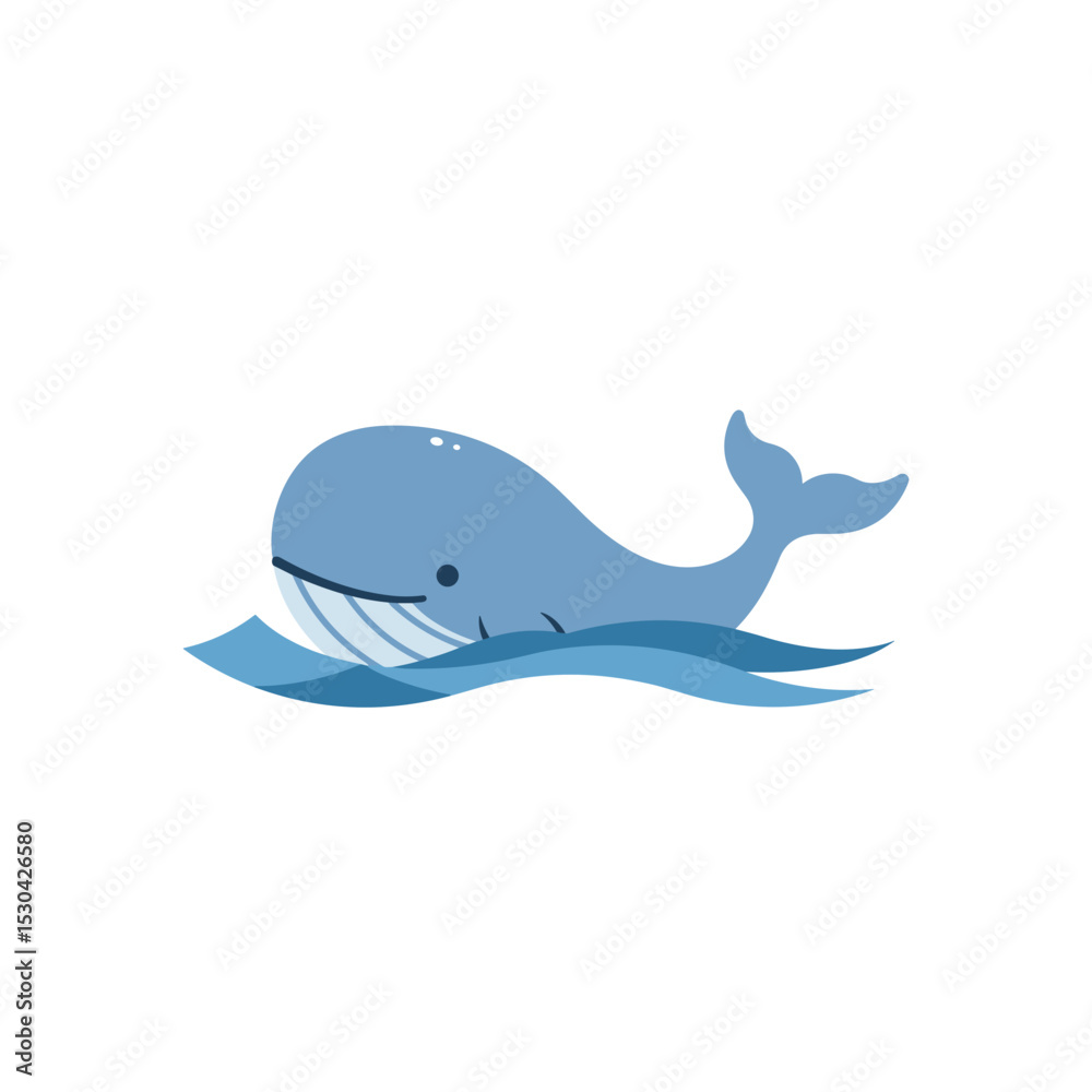 Obraz premium Cartoon style blue whale in the blue waves against a white background