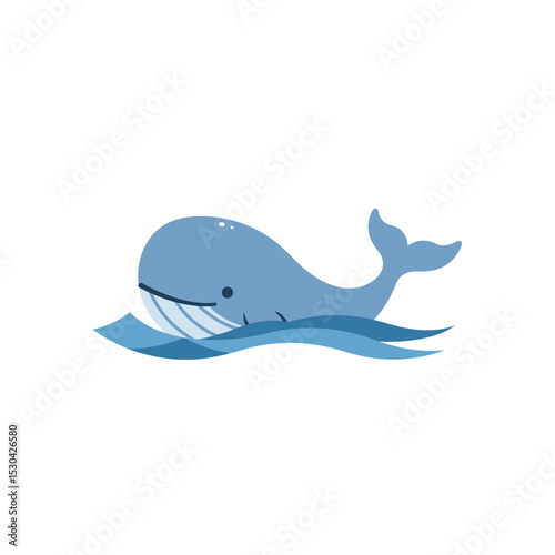 Cartoon style blue whale in the blue waves against a white background