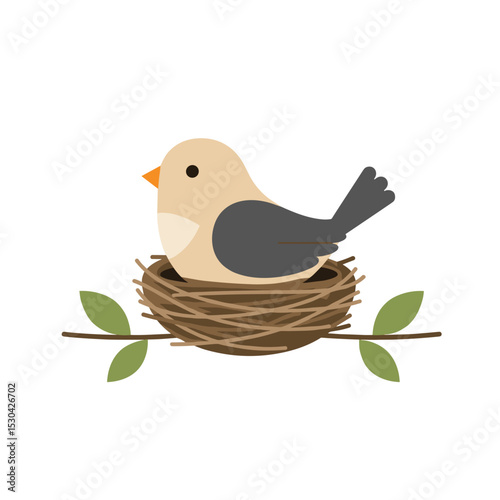 Illustration of a small bird sitting in a nest with green leaves on the sides