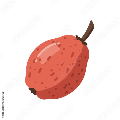 Stylized red fruit with brown stem and spots, depicted on a white background in cartoonish fashion