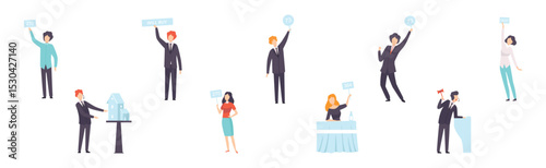 Public Auction Sale with People Character Bidding and Buying Goods Vector Set