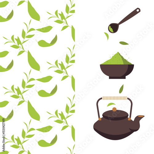 Matcha Tea Elements Set – Traditional Japanese Tea Ceremony Items, Flat Design