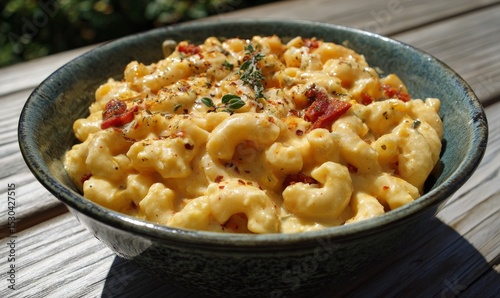 A bowl of creamy macaroni and cheese with herbs and spices on top.
