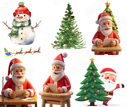 Christmas collection watercolor snowman santa claus christmas trees isolated on transparent background
