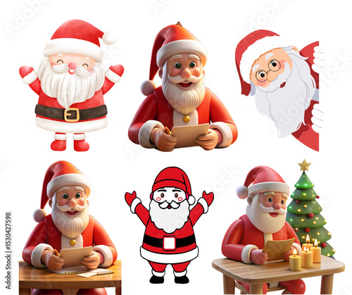 Six adorable cartoon santa clauses isolated on transparent background